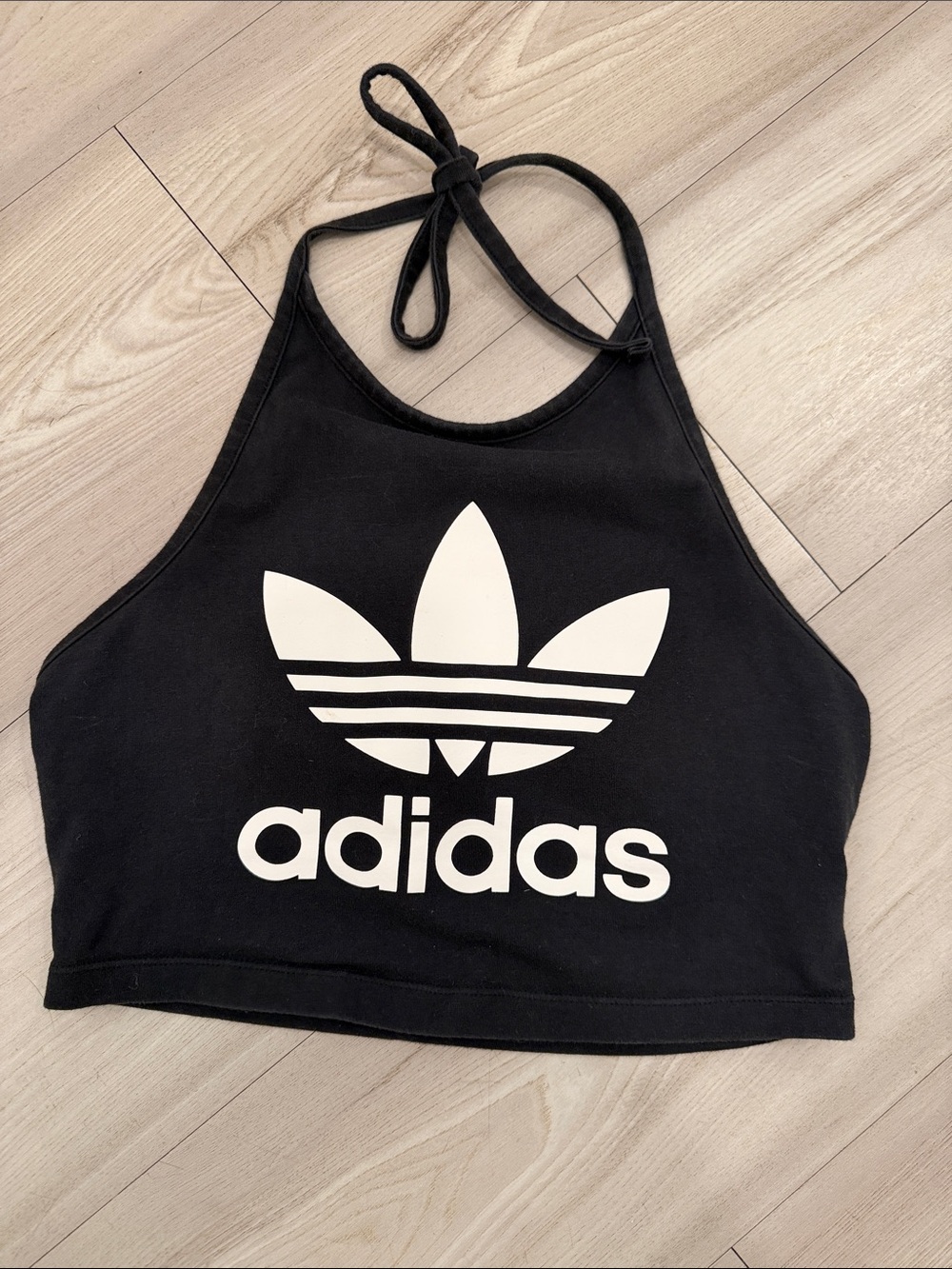 adidas Black Halter Crop Top with White Trefoil Logo